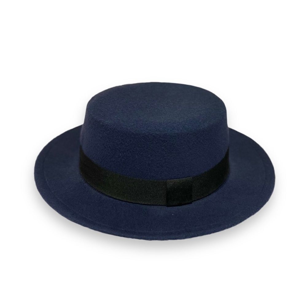 Navy Blue Stiff Brim Round Flat Top Crown Black Wide Band Boater Hat NEW